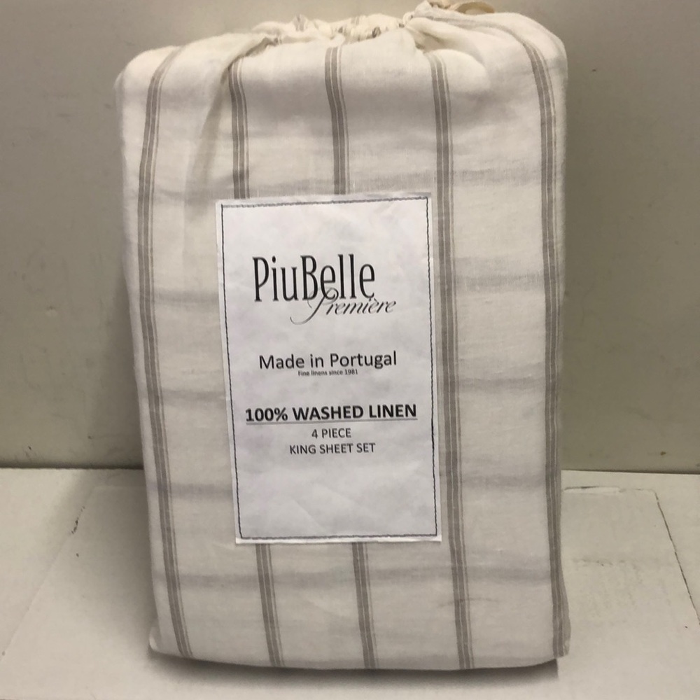 PuiBelle Ivory with Beige Stripe Linen King Sheet Set